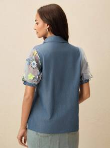 Anewsta Women Blue Single-Breasted Floral Embroidery Puff Sleeve Shirt - Blue - View 3