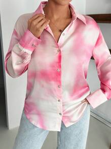 EURMUSE Women's Tie-Dye Print Long Sleeve Button-Up Casual Shirt - Pink - View 3