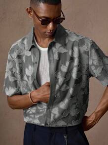 AKNOTIC X Nawaf Alabid 男士花卉提花休闲宽松短袖 Polo 衫，适合夏季、度假、日常、派对、情侣装、礼物 - 黑色 - 查看 5