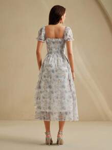 Anewsta Elaire 女士优雅浪漫碎花方领雪纺精致派对礼服 - 藍色 - 查看 2