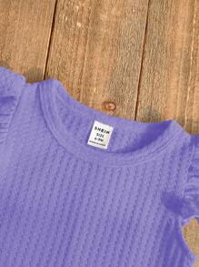 SHEIN Vintaside Kids 2 件套女婴春夏套装，包括红色圆领盖袖衬衫搭配樱桃刺绣牛仔长裤，甜美风格，适合户外、休闲和派对，适合幼儿的女童服装套装 - 紫色 - 查看 3