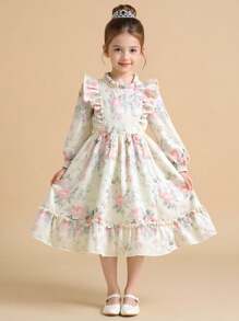 Elladie kids 年轻女孩春季玫瑰印花无袖花卉泡泡裙连衣裙，后拉链开合，百搭可爱的公主裙，适合日常休闲穿着 - 彩色 - 查看 5