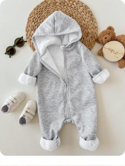 Baby Boy/Girl Grey Brushed Thick Soft Knit Hooded Jumpsuit With Zipper, Versatile For Indoor & Outdoor Wear, Autumn/Winter