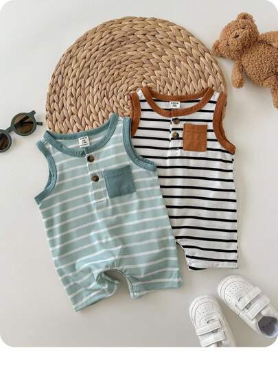 2pcs/Set Baby Boy Casual Striped Color Block Tank Top & Shorts Set, Suitable For Spring & Summer