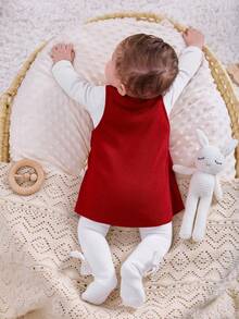 SHEIN Bộ đồ liền thân dài tay và váy họa tiết hoạt hình dễ thương cho bé gái sơ sinh - Đỏ - Xem 5