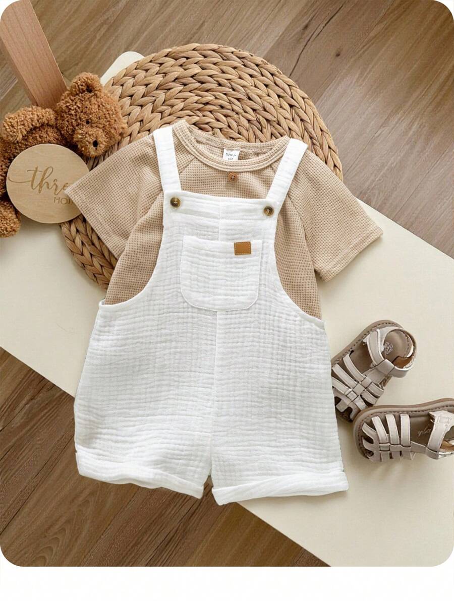 Newborn Baby Boy Versatile Solid White Gauze Bib Romper Shorts, Spring & Summer - Multicolor - View 1