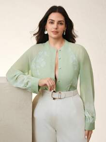 Anewsta Áo cánh dài tay họa tiết hoa mỏng manh thanh lịch sang trọng dành cho nữ màu xanh lá cây nhạt - màu xanh lá - Xem 5