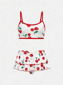 2 件樱桃印花双层蛋糕边少女内衣套装，可爱甜美，适合发育中的女孩 - 彩色 - 查看 1