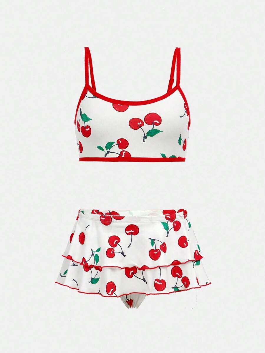 2 件樱桃印花双层蛋糕边少女内衣套装，可爱甜美，适合发育中的女孩 - 彩色 - 查看 1