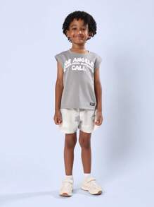 SUMWON 男童夏季沙滩背心滑板风格加州街头服饰肌肉T恤短款套装威尼斯海滩休闲玩乐套装 - 灰色 - 查看 1