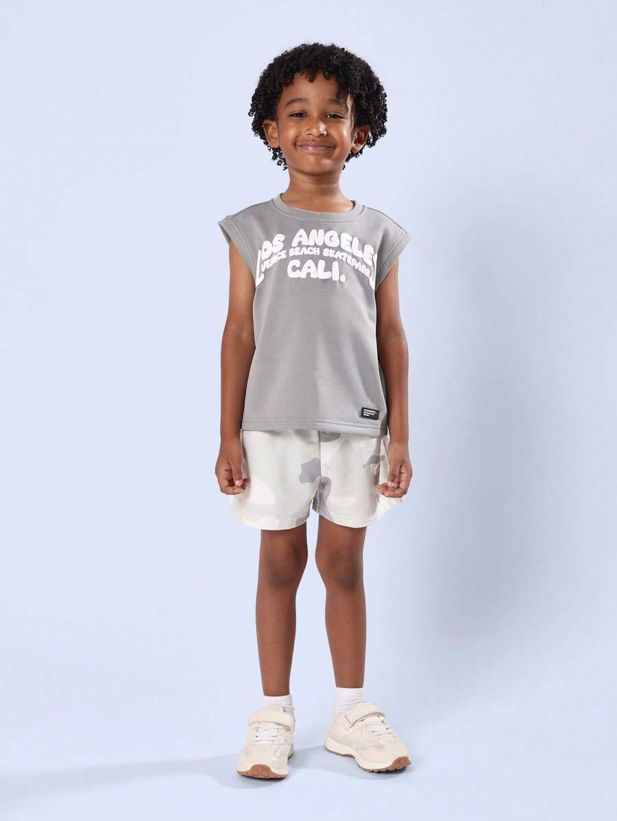 SUMWON 男童夏季沙滩背心滑板风格加州街头服饰肌肉T恤短款套装威尼斯海滩休闲玩乐套装 - 灰色 - 查看 1