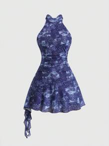 SHEIN Unity 女式薄纱肩带系带露背迷你连衣裙，性感露肩喇叭裙，适合春、夏、秋季 - 彩色 - 查看 1