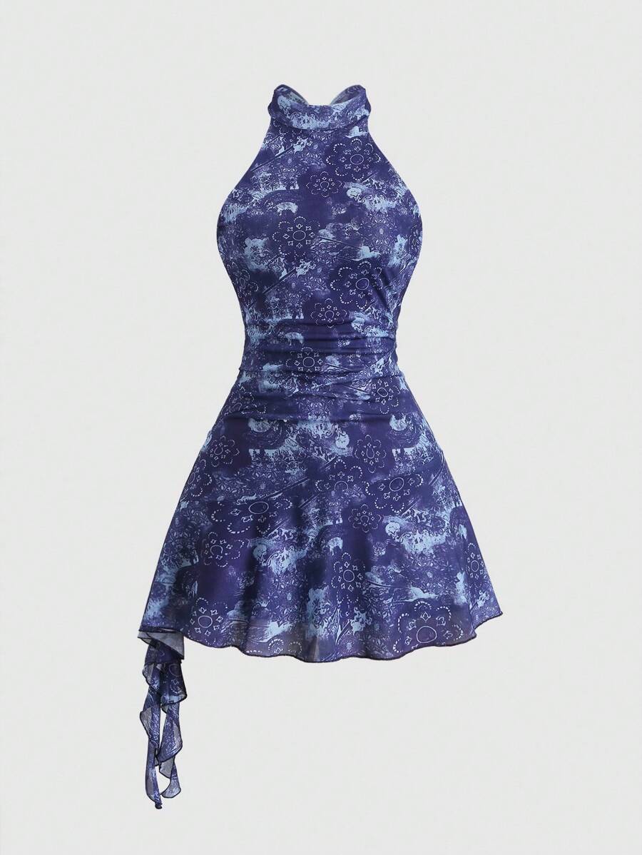 SHEIN Unity 女式薄纱肩带系带露背迷你连衣裙，性感露肩喇叭裙，适合春、夏、秋季 - 彩色 - 查看 1