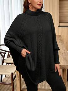 EMERY ROSE 女士加大码纯色针织纽扣领蝙蝠袖长袖高领斗篷毛衣，修身优雅，适合秋冬季节穿着。 - 黑色 - 查看 5