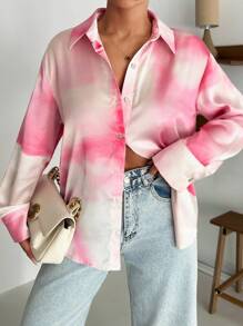 EURMUSE Women's Tie-Dye Print Long Sleeve Button-Up Casual Shirt - Pink - View 4