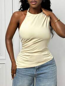 Slaydiva 2025 Sommer Neu Sexy creme gelber asymmetrischer rückenfrei ärmellos Crop Top für Frauen, geeignet für Ostern, Musikfestivals, Alltag, Party, Weihnachten, Valentinstag, Dates, Strand, Kreuzfahrt, Karneval - Gelb - Übersicht 3