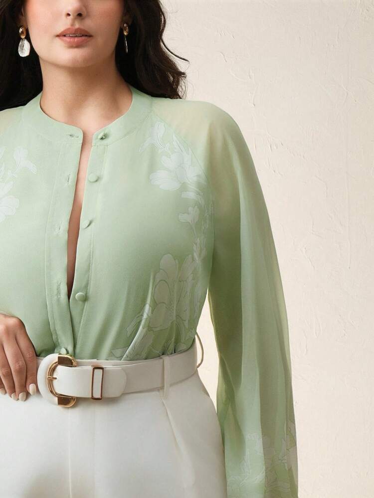 Elegant Chic Semi-Sheer Splice Delicate Floral Print Pale Green Women Long Sleeve Blouse