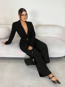 SHEIN SXY Plus Size Women's Black Business Double-Breasted Casual Blazer, Autumn/Winter - Black - View 3
