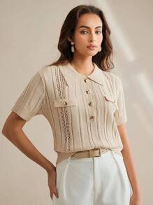 Anewsta 女式针织休闲修身马球领纹理套头衫 - 杏色 - 查看 4