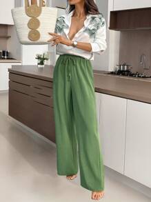 INAWLY Set de 2 piezas con camisa de manga larga y pantalones de pierna ancha con estampado floral para mujer