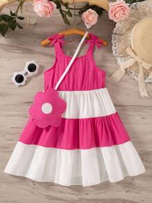 SHEIN 年轻女孩拼色可爱夏季细肩带蛋糕连衣裙 - 彩色 - 查看 3