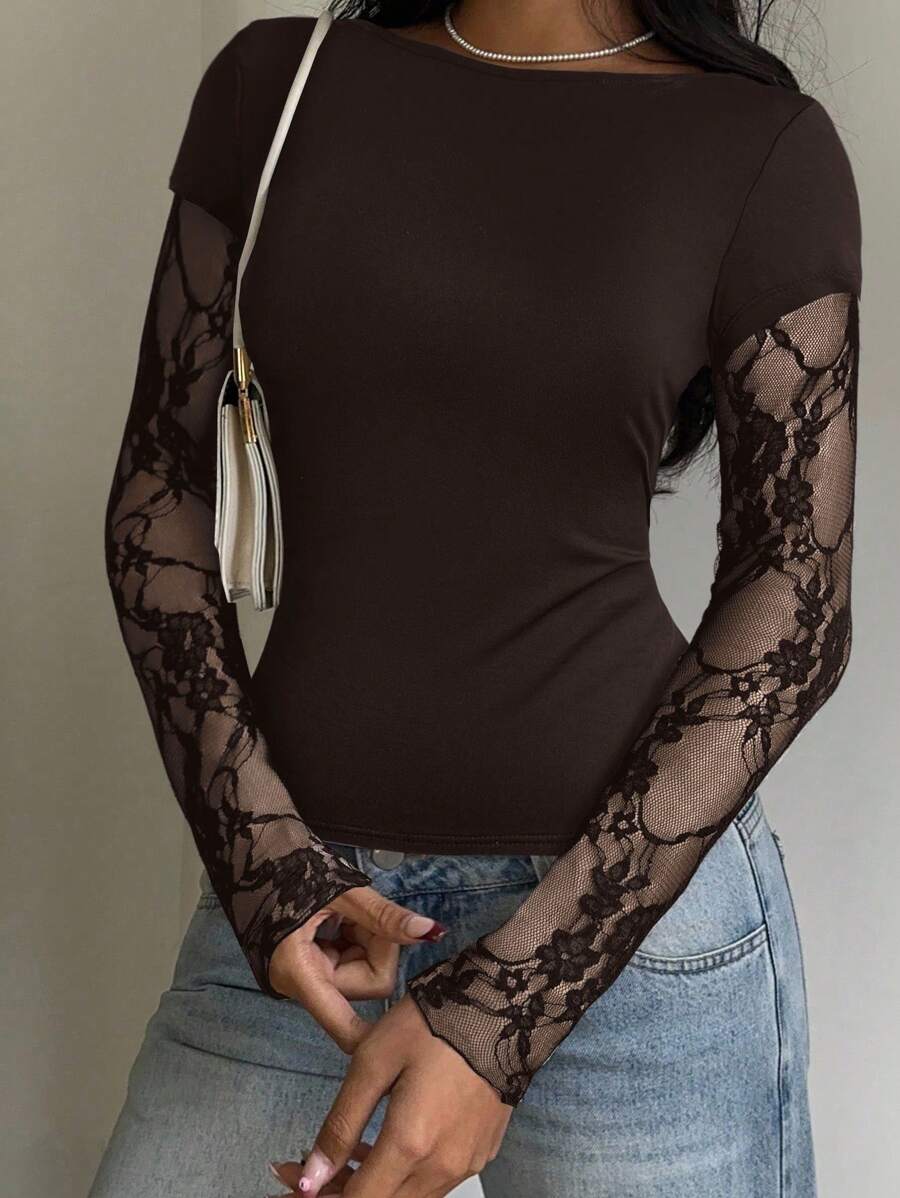 CovetEZ Women Casual Coffee Brown Knit Lace Patchwork Long Sleeve Top, Summer - Coffee Brown - View 1