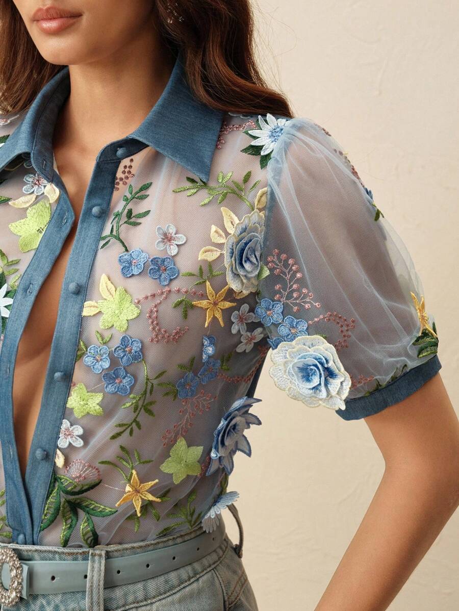 Anewsta Women Blue Single-Breasted Floral Embroidery Puff Sleeve Shirt - Blue - View 1