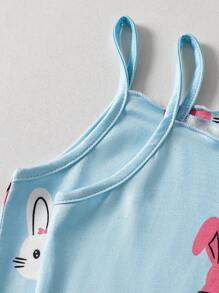Set de 2 piezas de pijamas de vestido de camisola tejida con estampado de conejitos cómodo y lindo en blanco y rosa para niñas
