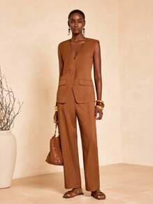 Zivah 2025 新款夏季母亲节婚礼嘉宾生日派对日常休闲度假时尚别致街头优雅办公室商务休闲 V 领无袖纽扣背心外套和直筒裤棕色竹纤维面料女 2 件套秋冬 - 棕色 - 查看 5