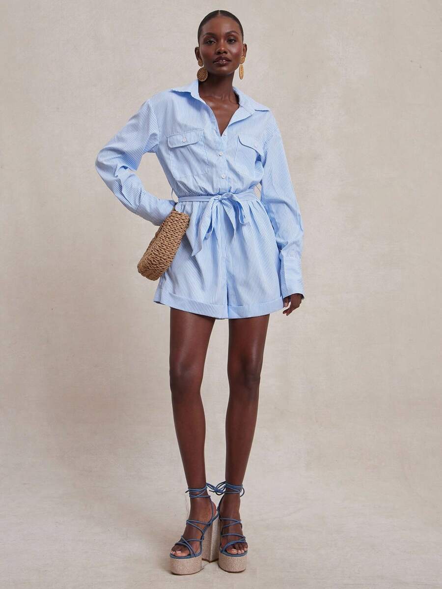 SHEIN Unity 连体裤长袖纽扣领 Warap 领带细节早午餐日常休闲商务休闲海滩度假迷你连体裤春夏 7 月 4 日女士服装