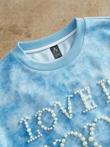 Manfinity BRENVOR Heavy Embellished Pearls & Slogan Print Men's T-Shirt, Summer - Blue - View 1