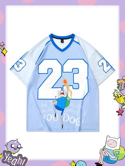 Adventure Time X ROMWE Men's Cartoon Pattern Short Sleeve Jersey T-Shirt, Suitable For Casual Daily Wear, Spring/Summer