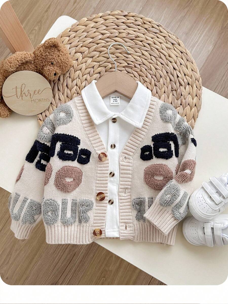 SHEIN Baby Boy/Girl Apricot Minimalist Letter Pattern Soft Knit V-Neck Long Sleeve Cardigan Sweater, Casual Warm Style Suitable For Home And Outdoor Wear, Autumn/Winter - Apricot - View 1