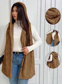 SHEIN Elenzya Plus Size Casual Fluffy Jacquard Solid Color Thick Hooded Single-Breasted Versatile Cardigan Vest Jacket Winter Fall Autumn - Brown - View 2