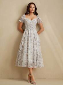 Anewsta Elaire 女士优雅浪漫碎花方领雪纺精致派对礼服 - 藍色 - 查看 6