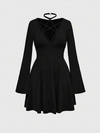 Goth Women Gothic Sexy Bell Sleeve Pentagram Collar Solid Color Mini Dress For Autumn