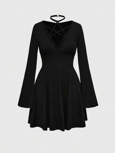 Goth Robe mini femme gothique sexy à manches cloche, col pentagramme, couleur unie, pour l'automne