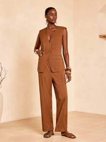 Zivah 2025 新款夏季母亲节婚礼嘉宾生日派对日常休闲度假时尚别致街头优雅办公室商务休闲 V 领无袖纽扣背心外套和直筒裤棕色竹纤维面料女 2 件套秋冬 - 棕色 - 查看 1