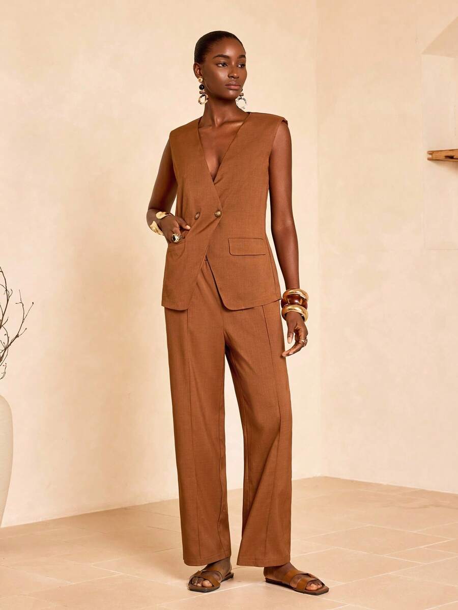 Zivah 2025 新款夏季母亲节婚礼嘉宾生日派对日常休闲度假时尚别致街头优雅办公室商务休闲 V 领无袖纽扣背心外套和直筒裤棕色竹纤维面料女 2 件套秋冬 - 棕色 - 查看 1