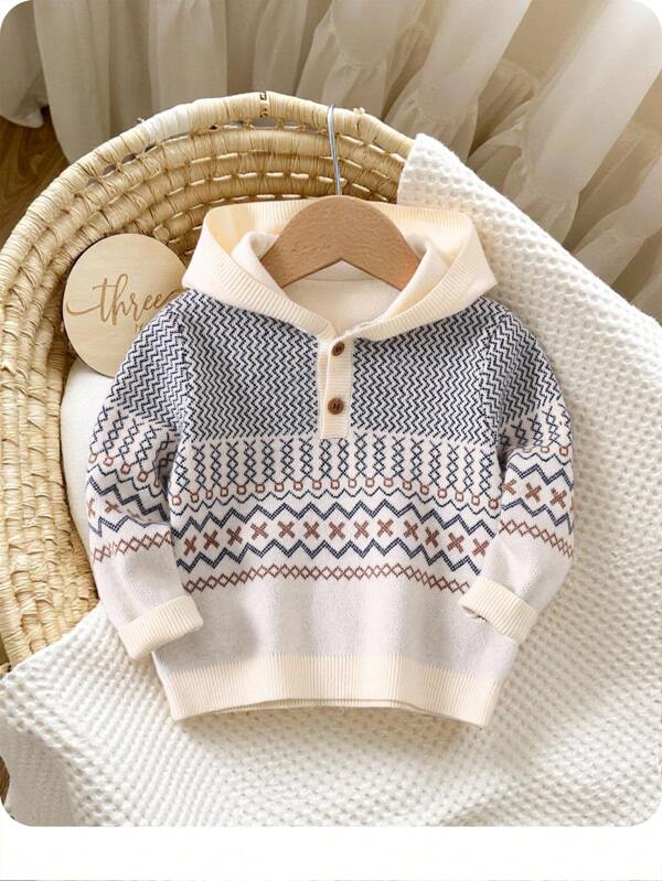 SHEIN Suéter con capucha de punto con estampado geométrico vintage para bebé niño/niña, otoño/invierno
