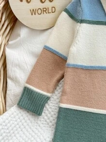 SHEIN 男婴可爱拼色卡通印花马球领长袖毛衣连体衣，秋装