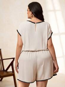 SHEIN Clasi جمبسوت نسائي بمقاس كبير للصيف بياقة على شكل حرف V وأكمام خفاشية، كاجوال أنيق بألوان متباينة وحافة صدفية، أسود، ملابس يومية للعطلات وملابس عمل كاجوال - لون مشمشي - مشاهدة 3