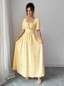 Elenzga 女士优雅夏季印花长裙 - 黃色 - 查看 6