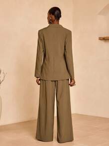 Zivah 2025新款秋冬休闲优雅通勤日常约会上班族翻领长袖腰部可调节腰带装饰宽松卡其色正装西装外套+西裤阔腿裤长裤卡其色女装套装-西装套装女 - 棕色 - 查看 2
