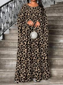 SHEIN Lady 大码时尚豹纹蝙蝠袖连衣裙，适合派对穿着 - 彩色 - 查看 1