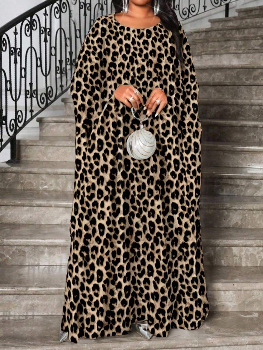 SHEIN Lady 大码时尚豹纹蝙蝠袖连衣裙，适合派对穿着 - 彩色 - 查看 1