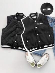 SHEIN Chaleco/Chaqueta negra con estampado gráfico de letra y acolchado, estilo callejero casual y holgado para niño, forro grueso, cómodo para ir al trabajo, la escuela, uso diario, deportes, adecuado para otoño e invierno - Negro - Ver 1
