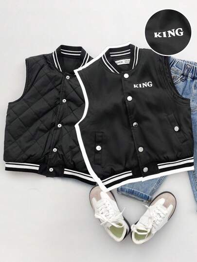 SHEIN 年轻男孩休闲街头风格宽松黑色字母图案绗缝背心夹克，厚衬里，舒适通勤、上学、日常穿着、运动，适合秋冬季