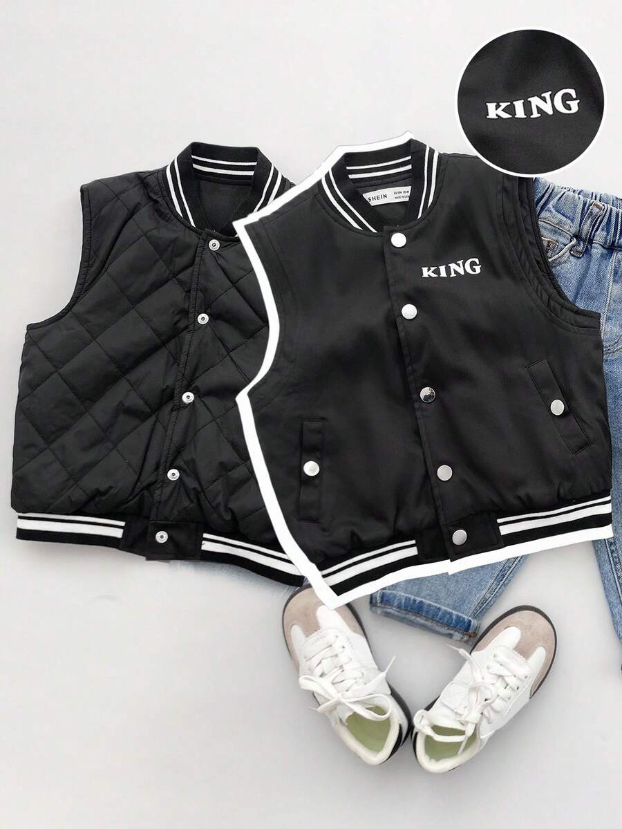 SHEIN Chaleco/Chaqueta negra con estampado gráfico de letra y acolchado, estilo callejero casual y holgado para niño, forro grueso, cómodo para ir al trabajo, la escuela, uso diario, deportes, adecuado para otoño e invierno - Negro - Ver 1