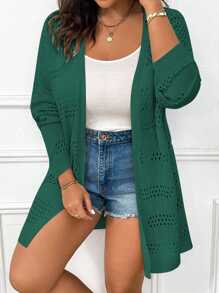 Calvaya Cárdigan casual largo y sólido con diseño calado para tallas grandes